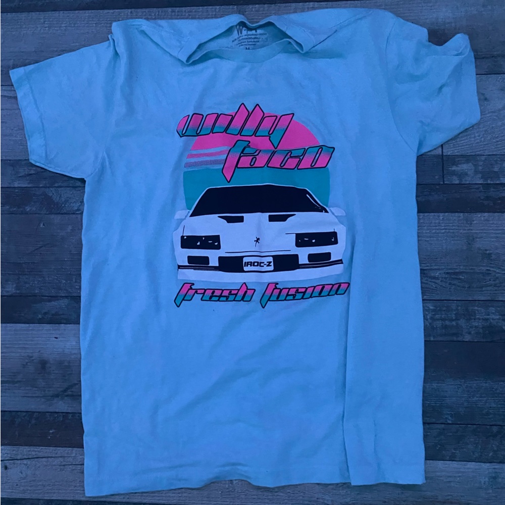 baby blue “back to the future” imitation T-shirt for local restaurant, size Med